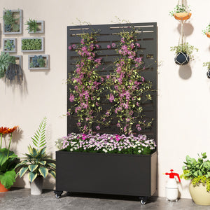 Jardinière avec treillis, bac à fleurs en métal, lit surélevé avec brise-vue et roues, treillis découpé en lattes pour plantes grimpantes, légumes, fleurs, 90 x 30 x 160 cm, noir