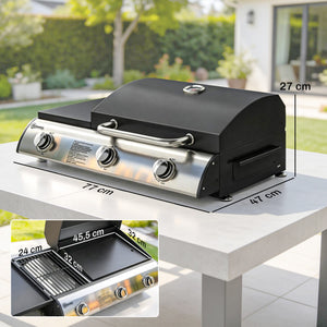 Barbecue à Gaz de Table 3 Brûleurs - Combiné Gril et Plancha avec Couvercle et Thermomètre - 8,1 kW Portable pour Camping Balcon Terrasse - Surface de Cuisson 2224 cm², Noir
