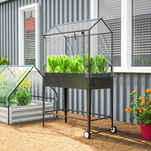 Carré potager sur pieds avec bâche en PVC, jardinière surélevée avec roues, porte zippée enroulable et trou de drainage, mini serre pour légumes, fleurs, herbes, 100 x 45 x 152 cm, noir