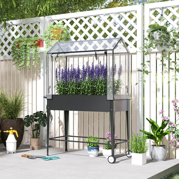 Carré potager sur pieds avec bâche en PVC, jardinière surélevée avec roues, porte zippée enroulable et trou de drainage, mini serre pour légumes, fleurs, herbes, 100 x 45 x 152 cm, noir