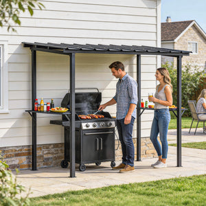 Abri pour Barbecue Tonnelle de Jardin avec Toit en Métal Galvanisé, 271 x 182 x 229 cm, Idéal pour Jardin, Terrasse et Patio, Noir