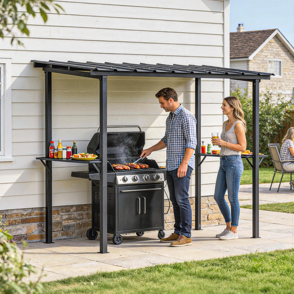 Abri pour Barbecue Tonnelle de Jardin avec Toit en Métal Galvanisé, 271 x 182 x 229 cm, Idéal pour Jardin, Terrasse et Patio, Noir
