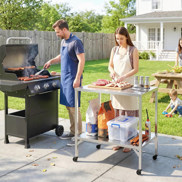 Chariot de Barbecue en Acier Inoxydable - Table de Préparation Extérieur de 85x60cm avec Plan de Travail et Roulettes - Desserte de Jardin Stable pour Four à Pizza et Grill, Argenté