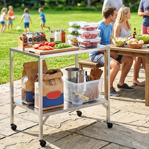 Chariot de Barbecue en Acier Inoxydable - Table de Préparation Extérieur de 85x60cm avec Plan de Travail et Roulettes - Desserte de Jardin Stable pour Four à Pizza et Grill, Argenté