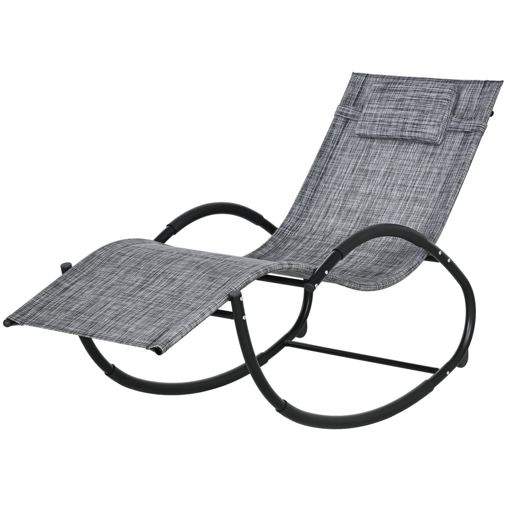 Chaise longue à bascule, transat de jardin ergonomique, bain de soleil, avec tétière, rocking chair, textilène, utilisation extérieure intérieure, gris chiné