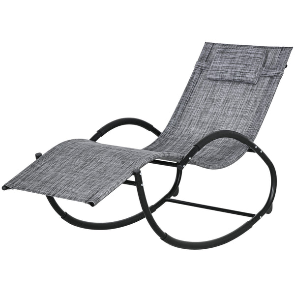 Chaise longue à bascule, transat de jardin ergonomique, bain de soleil, avec tétière, rocking chair, textilène, utilisation extérieure intérieure, gris chiné