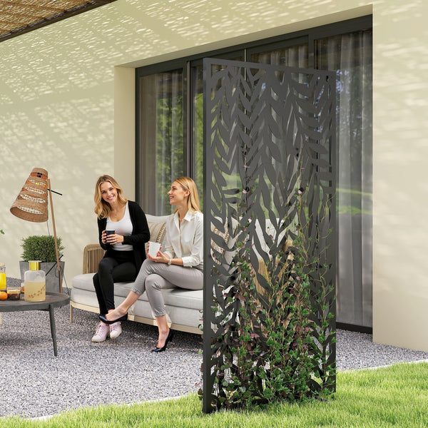Panneau Brise Vue décoratif Extérieur, Claustra Décoratif Jardin à motif découpé en feuilles, Paravent Extérieur avec Cadre en Métal, 130 x 65 cm, Noir