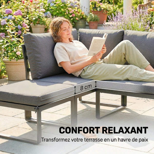 Ensemble de Jardin 6 Pièces avec Coussins, Mobilier de Jardin en Aluminium pour 6 à 8 Personnes avec Table, Canapé d'Angle pour Terrasse, Jardin, Véranda, Gris
