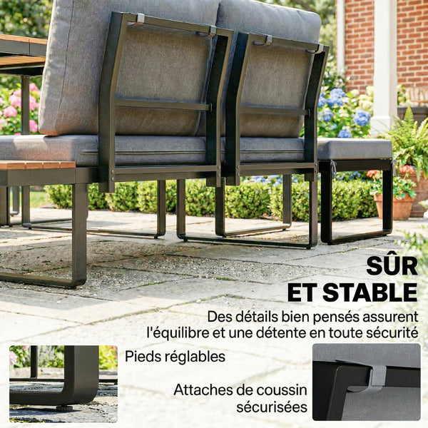Ensemble de Jardin 6 Pièces avec Coussins, Mobilier de Jardin en Aluminium pour 6 à 8 Personnes avec Table, Canapé d'Angle pour Terrasse, Jardin, Véranda, Gris