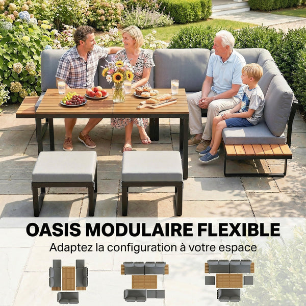 Ensemble de Jardin 6 Pièces avec Coussins, Mobilier de Jardin en Aluminium pour 6 à 8 Personnes avec Table, Canapé d'Angle pour Terrasse, Jardin, Véranda, Gris