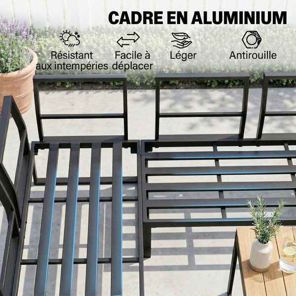 Ensemble de Jardin 6 Pièces avec Coussins, Mobilier de Jardin en Aluminium pour 6 à 8 Personnes avec Table, Canapé d'Angle pour Terrasse, Jardin, Véranda, Gris