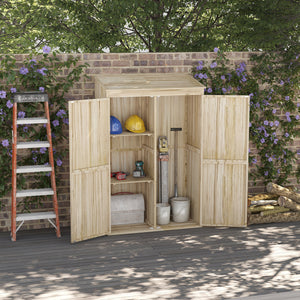 Armoire de jardin, armoire de rangement en bois, 2 étagères, 2 portes magnétiques, toit incliné, compartiment droit spacieux, 120 x 57 x 183 cm, bois naturel