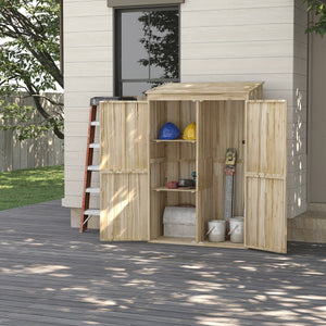 Armoire de jardin, armoire de rangement en bois, 2 étagères, 2 portes magnétiques, toit incliné, compartiment droit spacieux, 120 x 57 x 183 cm, bois naturel