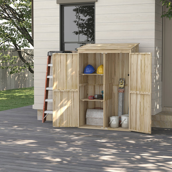 Armoire de jardin, armoire de rangement en bois, 2 étagères, 2 portes magnétiques, toit incliné, compartiment droit spacieux, 120 x 57 x 183 cm, bois naturel