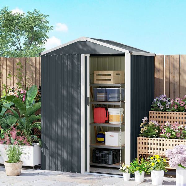 Abri de jardin en métal, cabane de jardin extérieure 136 x 87 x 179 cm, porte coulissante verrouillable, toit pointu et gants, cabanon rangement outils en acier galvanisé, gris foncé