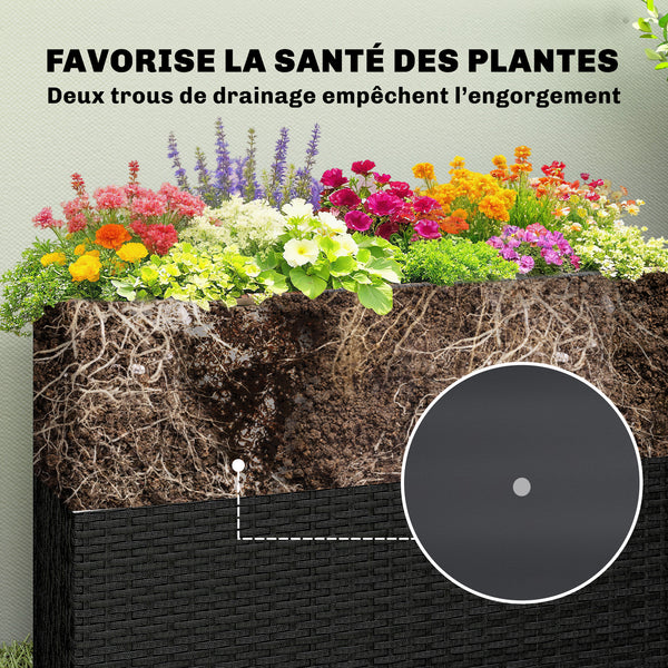 Jardinière surélevée en résine tressée, support de fleurs avec bac amovible et pieds réglables, cadre en acier, pour fleurs et légumes dans patio, balcon, terrasse, noir