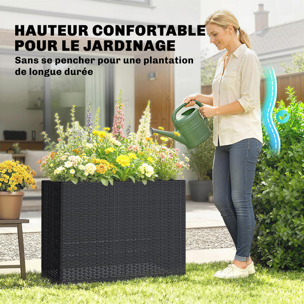 Jardinière surélevée en résine tressée, support de fleurs avec bac amovible et pieds réglables, cadre en acier, pour fleurs et légumes dans patio, balcon, terrasse, noir