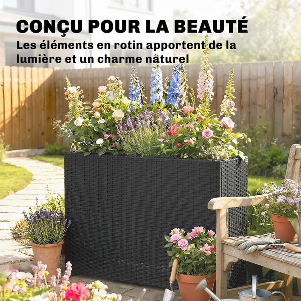 Jardinière surélevée en résine tressée, support de fleurs avec bac amovible et pieds réglables, cadre en acier, pour fleurs et légumes dans patio, balcon, terrasse, noir