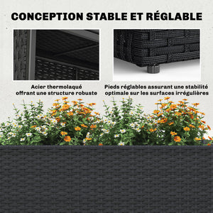 Jardinière surélevée en résine tressée, support de fleurs avec bac amovible et pieds réglables, cadre en acier, pour fleurs et légumes dans patio, balcon, terrasse, noir