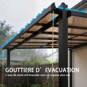 Pergola adossée 3,8 x 3 m avec toit étanche en polycarbonate, structure en aluminium, auvent rigide avec gouttières intégrées, ombrage extérieur robuste, gris foncé