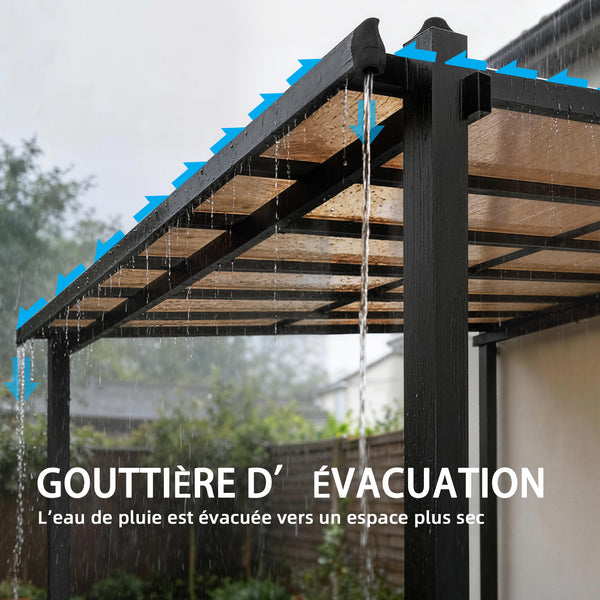 Pergola adossée 3,8 x 3 m avec toit étanche en polycarbonate, structure en aluminium, auvent rigide avec gouttières intégrées, ombrage extérieur robuste, gris foncé