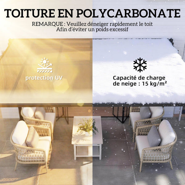 Pergola adossée 3,8 x 3 m avec toit étanche en polycarbonate, structure en aluminium, auvent rigide avec gouttières intégrées, ombrage extérieur robuste, gris foncé