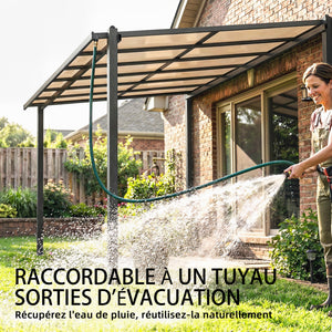 Pergola adossée 3,8 x 3 m avec toit étanche en polycarbonate, structure en aluminium, auvent rigide avec gouttières intégrées, ombrage extérieur robuste, gris foncé