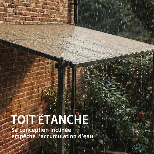 Pergola adossée 3,8 x 3 m avec toit étanche en polycarbonate, structure en aluminium, auvent rigide avec gouttières intégrées, ombrage extérieur robuste, gris foncé
