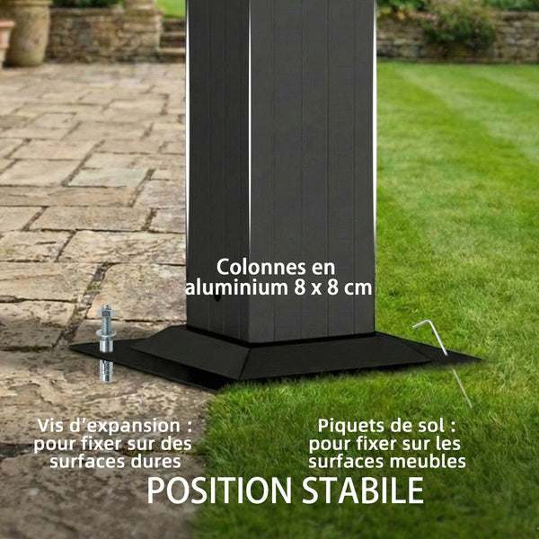 Pergola adossée 3,8 x 3 m avec toit étanche en polycarbonate, structure en aluminium, auvent rigide avec gouttières intégrées, ombrage extérieur robuste, gris foncé