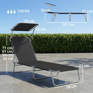 Transat Bain de Soleil Pliable Chaise Longue Pliante Grand Confort Dossier Inclinable Multi-positions et Pare-Soleil Réglable 187L x 58l x 36H cm Noir