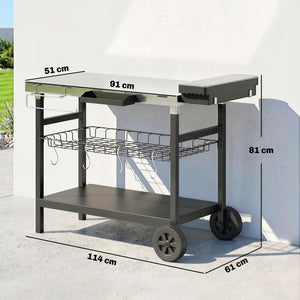 Desserte Jardin à 3 Niveaux avec Plan de Travail Inox, Panier Amovible, Étagères Ouvertes, Boîte à Épices, 2 Roues, 4 Crochets, Poignée Latérale, Chariot Barbecue pour Plancha, Noir