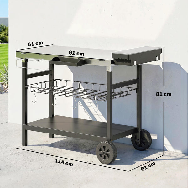 Desserte Jardin à 3 Niveaux avec Plan de Travail Inox, Panier Amovible, Étagères Ouvertes, Boîte à Épices, 2 Roues, 4 Crochets, Poignée Latérale, Chariot Barbecue pour Plancha, Noir