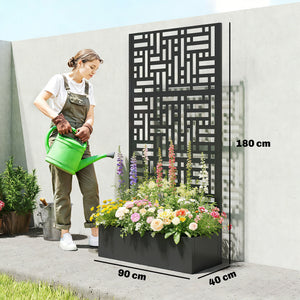 Jardinière avec treillis, bac à fleurs en acier galvanisé, lit surélevé avec brise-vue, trous de drainage, motif géométrique, pour plantes grimpantes, légumes, 90 x 40 x 180 cm, noir
