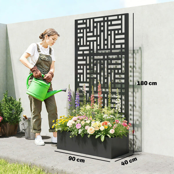 Jardinière avec treillis, bac à fleurs en acier galvanisé, lit surélevé avec brise-vue, trous de drainage, motif géométrique, pour plantes grimpantes, légumes, 90 x 40 x 180 cm, noir