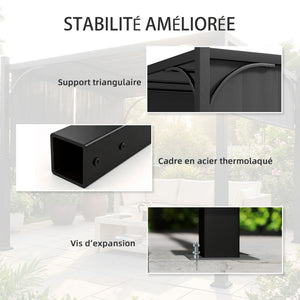 Pergola de jardin 3 x 3 m, tonnelle de jardin avec Auvent coulissant, structure métallique, abri solaire extérieur pour terrasse ou balcon, Gris Foncé