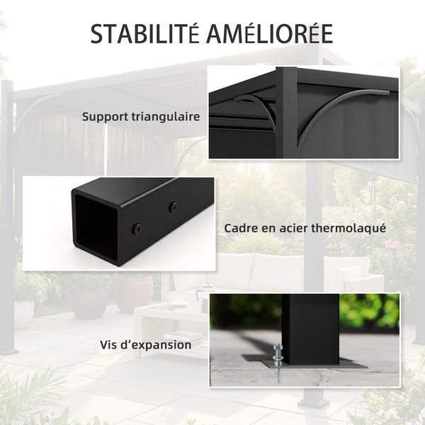 Pergola de jardin 3 x 3 m, tonnelle de jardin avec Auvent coulissant, structure métallique, abri solaire extérieur pour terrasse ou balcon, Gris Foncé