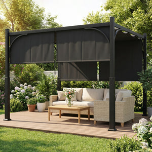 Pergola de jardin 3 x 3 m, tonnelle de jardin avec Auvent coulissant, structure métallique, abri solaire extérieur pour terrasse ou balcon, Gris Foncé