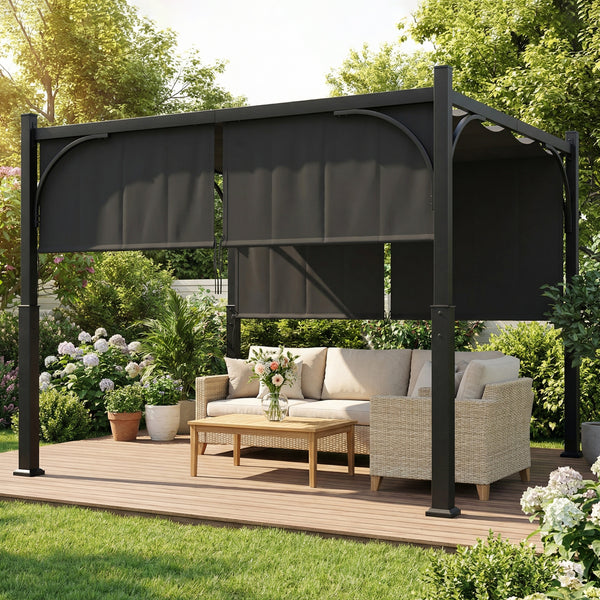 Pergola de jardin 3 x 3 m, tonnelle de jardin avec Auvent coulissant, structure métallique, abri solaire extérieur pour terrasse ou balcon, Gris Foncé