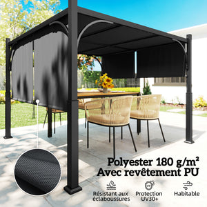Pergola de jardin 3 x 3 m, tonnelle de jardin avec Auvent coulissant, structure métallique, abri solaire extérieur pour terrasse ou balcon, Gris Foncé