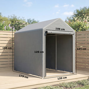 Abri de Jardin avec 2 Compartiments, Tente de Stockage Imperméable, Abri Moto, Porte Enroulable à Fermeture Éclair, Garage pour Vélo, Outils, Moto, Bois, 120x179x165cm, Gris Clair