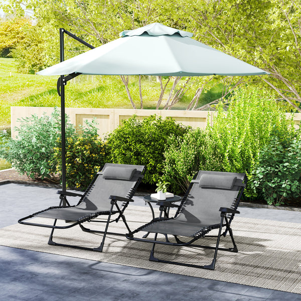 Lot de 2 bain de soleil, chaise longue pliante avec appuie-tête en textilène, transat jardin extérieur inclinable de plage camping piscine terrasse, 90 x 65 x 112 cm, gris