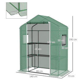 Serre de jardin PE avec étagères 3 niveaux, serre de balcon, bâche renforcée 135 g/m², châssis en acier, porte zippée enroulable, pour légumes plantes fleurs, 140x73x190 cm, vert