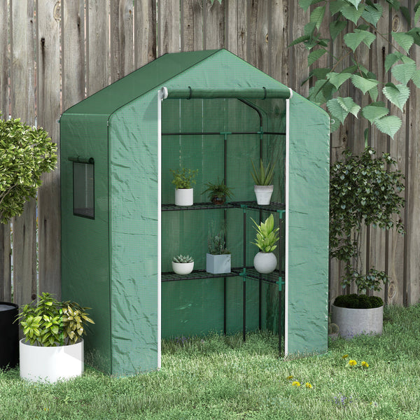 Serre de jardin PE avec étagères 3 niveaux, serre de balcon, bâche renforcée 135 g/m², châssis en acier, porte zippée enroulable, pour légumes plantes fleurs, 140x73x190 cm, vert