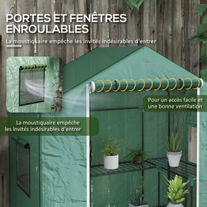 Serre de jardin PE avec étagères 3 niveaux, serre de balcon, bâche renforcée 135 g/m², châssis en acier, porte zippée enroulable, pour légumes plantes fleurs, 140x73x190 cm, vert