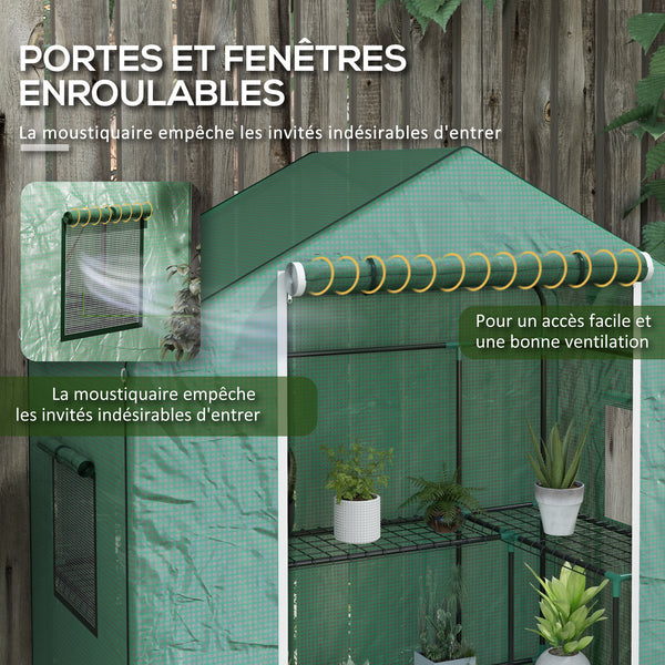 Serre de jardin PE avec étagères 3 niveaux, serre de balcon, bâche renforcée 135 g/m², châssis en acier, porte zippée enroulable, pour légumes plantes fleurs, 140x73x190 cm, vert