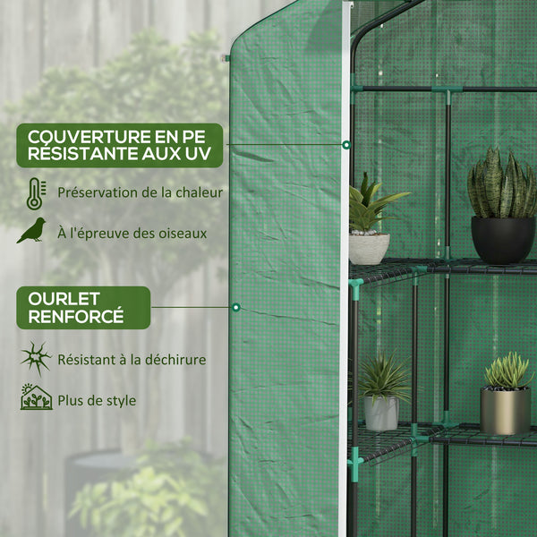 Serre de jardin PE avec étagères 3 niveaux, serre de balcon, bâche renforcée 135 g/m², châssis en acier, porte zippée enroulable, pour légumes plantes fleurs, 140x73x190 cm, vert