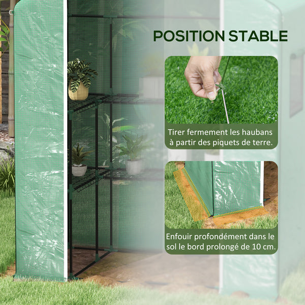 Serre de jardin PE avec étagères 3 niveaux, serre de balcon, bâche renforcée 135 g/m², châssis en acier, porte zippée enroulable, pour légumes plantes fleurs, 140x73x190 cm, vert