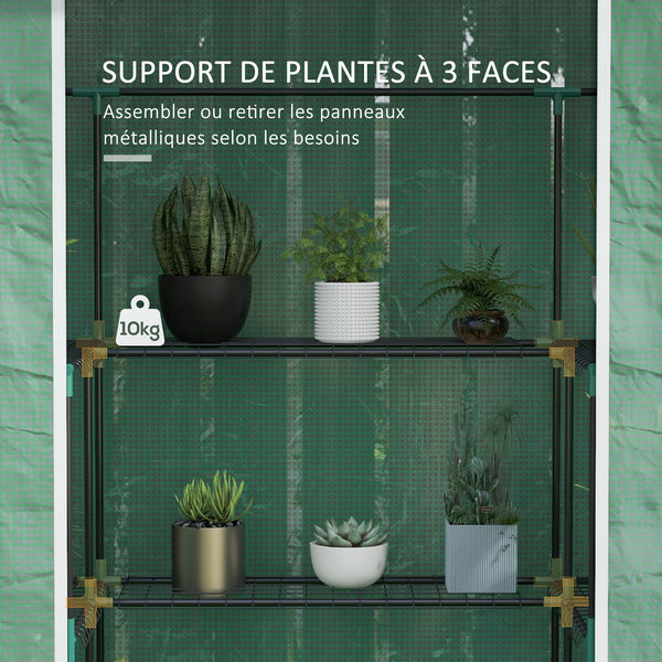 Serre de jardin PE avec étagères 3 niveaux, serre de balcon, bâche renforcée 135 g/m², châssis en acier, porte zippée enroulable, pour légumes plantes fleurs, 140x73x190 cm, vert