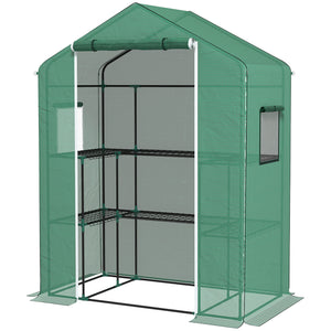 Serre de jardin PE avec étagères 3 niveaux, serre de balcon, bâche renforcée 135 g/m², châssis en acier, porte zippée enroulable, pour légumes plantes fleurs, 140x73x190 cm, vert