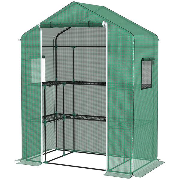 Serre de jardin PE avec étagères 3 niveaux, serre de balcon, bâche renforcée 135 g/m², châssis en acier, porte zippée enroulable, pour légumes plantes fleurs, 140x73x190 cm, vert